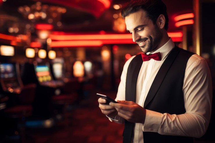 Dealer casino virtual menyiapkan permainan live casino dengan suasana elegan dan profesional